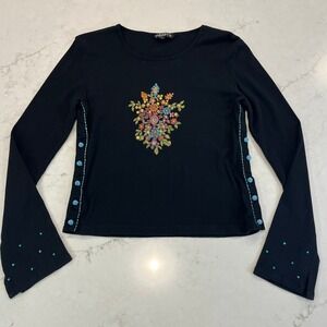 Chaudry Sports Long Sleeve Tee Womens Large Black Cotton Y2K Whimsy Goth Floral